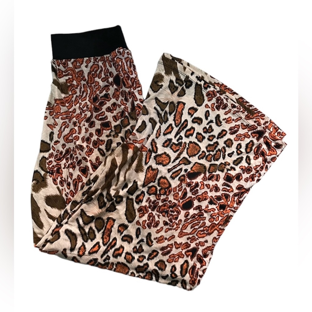 Leopard Print Palazzo Pants Elastic Waist Flowy Wide Leg 2 Pockets Size O/S